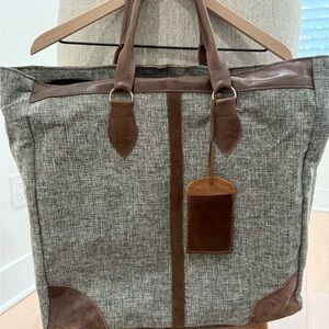 Large Tweed Tote Bag Brown Leather Trim Shoulder Bag Work Travel
